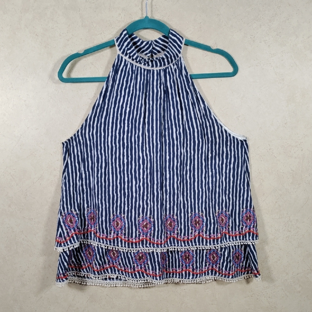 THML Navy Blue White Striped Halter Tank with Embroidered Hem